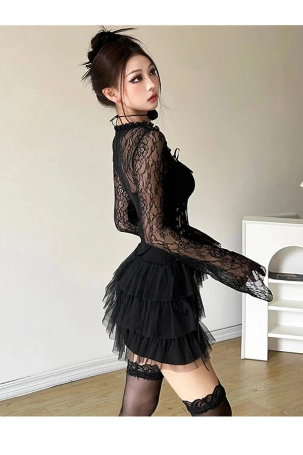 Gothic Lace Tiered Mini Dress for Y2K Aesthetic & Grunge Style Lovers