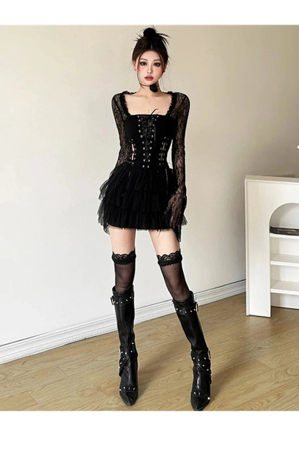 Gothic Lace Tiered Mini Dress for Y2K Aesthetic & Grunge Style Lovers