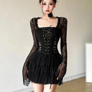 Gothic Lace Tiered Mini Dress for Y2K Aesthetic & Grunge Style Lovers