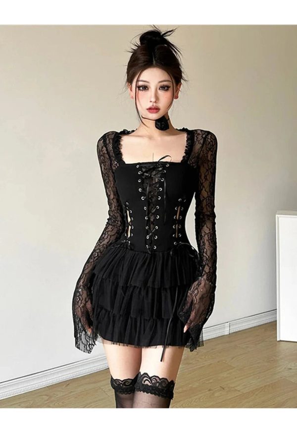 Gothic Lace Tiered Mini Dress for Y2K Aesthetic & Grunge Style Lovers