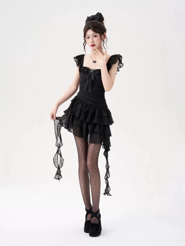 Gothic Lace Tiered Mini Dress for Y2K Aesthetic & Grunge Style Lovers