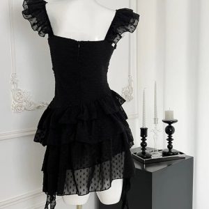 Gothic Lace Tiered Mini Dress for Y2K Aesthetic & Grunge Style Lovers