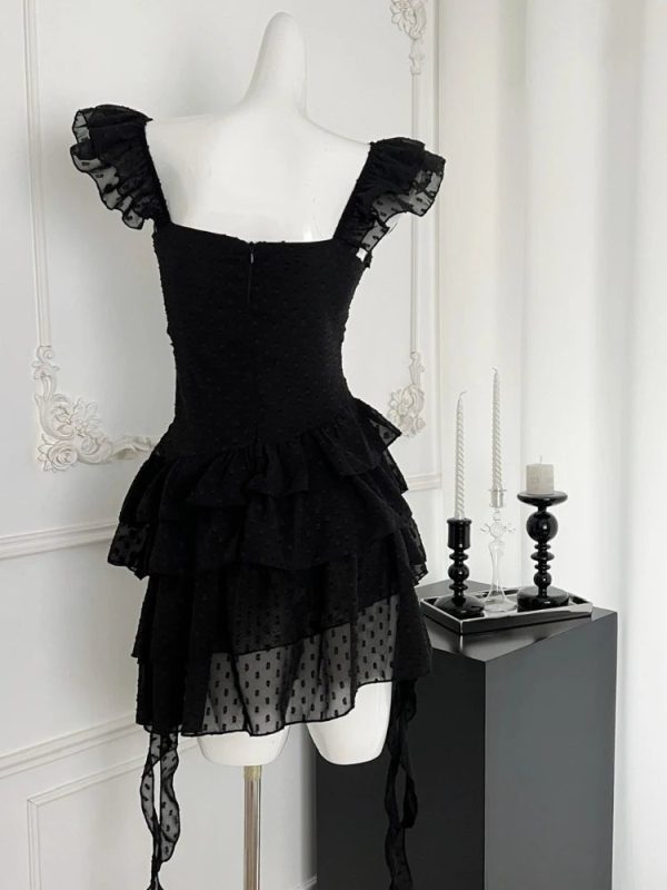 Gothic Lace Tiered Mini Dress for Y2K Aesthetic & Grunge Style Lovers