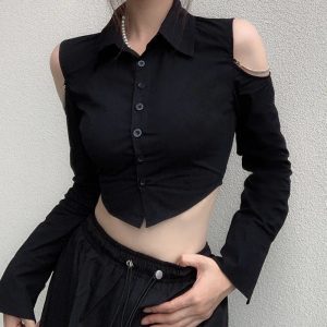 Gothic Off-Shoulder Crop Top for Y2K Aesthetic & Grunge Style Outfits