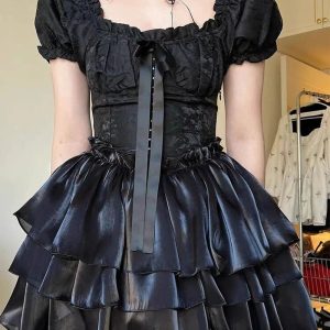 Gothic Princess Puff Sleeve Dress - Y2K Aesthetic with Coquette Style