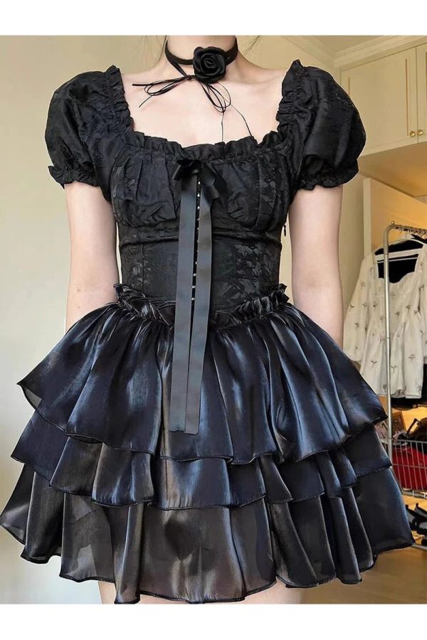 Gothic Princess Puff Sleeve Dress - Y2K Aesthetic with Coquette Style