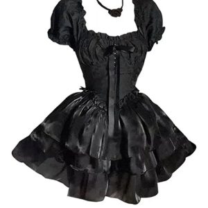 Gothic Princess Puff Sleeve Dress - Y2K Aesthetic with Coquette Style