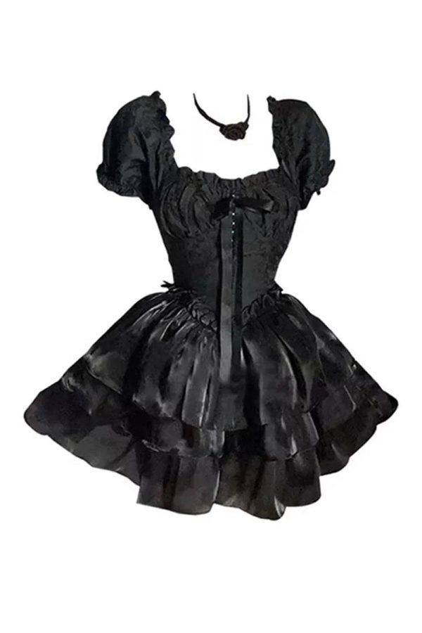 Gothic Princess Puff Sleeve Dress - Y2K Aesthetic with Coquette Style