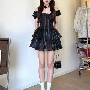 Gothic Princess Puff Sleeve Dress - Y2K Aesthetic with Coquette Style