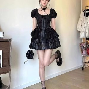 Gothic Princess Puff Sleeve Dress - Y2K Aesthetic with Coquette Style