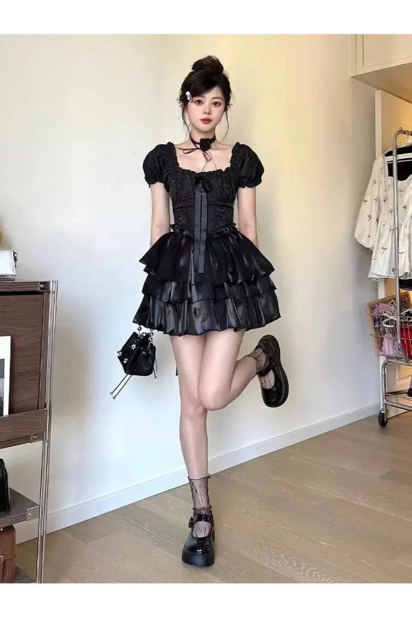 Gothic Princess Puff Sleeve Dress - Y2K Aesthetic with Coquette Style