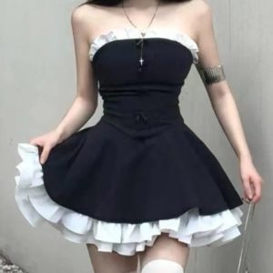 Gothic Ruffle Mini Dress for Y2K Aesthetic & Grunge Style Lovers