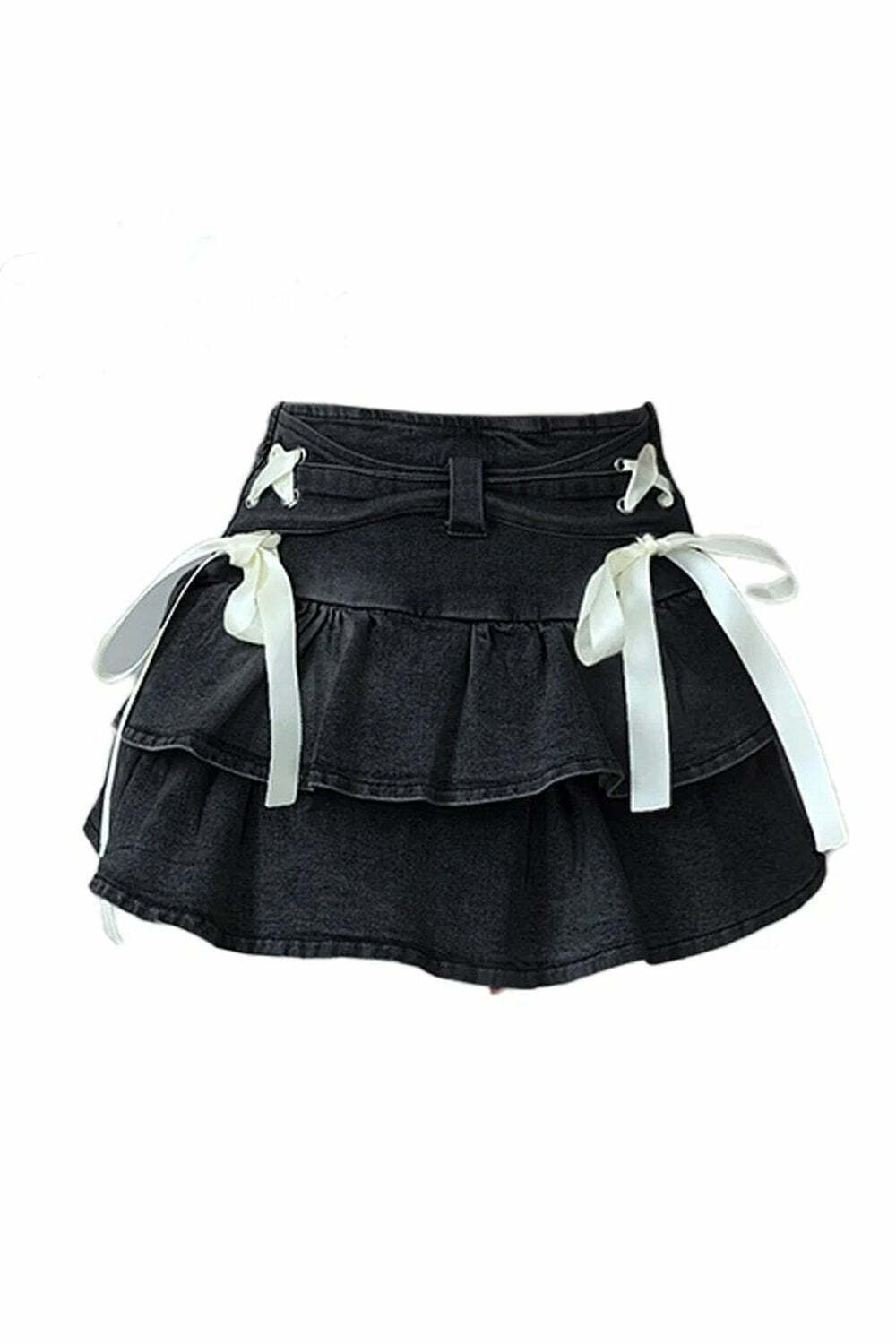 Gothic Ruffle Ribbon Mini Skirt for Y2K Aesthetic and Grunge Style