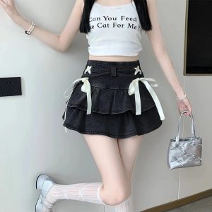 Gothic Ruffle Ribbon Mini Skirt for Y2K Aesthetic and Grunge Style