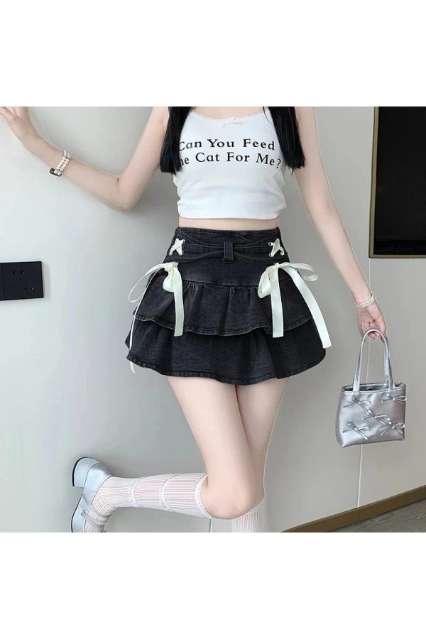 Gothic Ruffle Ribbon Mini Skirt for Y2K Aesthetic and Grunge Style