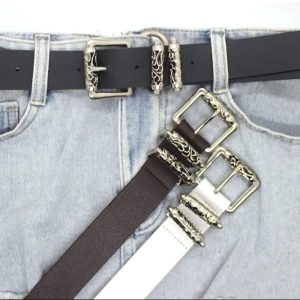 Gothic Silver Buckle White Belt for Y2K Aesthetic and Grunge Style Outfits