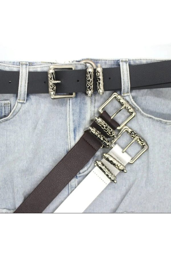 Gothic Silver Buckle White Belt for Y2K Aesthetic and Grunge Style Outfits