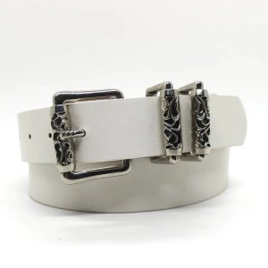 Gothic Silver Buckle White Belt for Y2K Aesthetic and Grunge Style Outfits