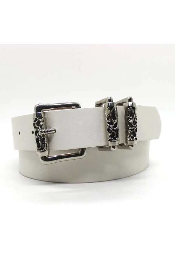 Gothic Silver Buckle White Belt for Y2K Aesthetic and Grunge Style Outfits