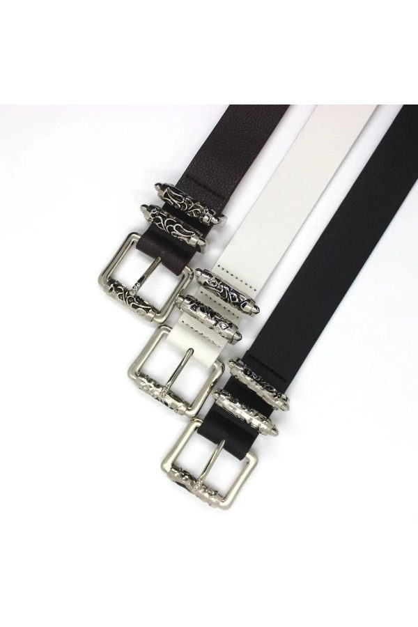 Gothic Silver Buckle White Belt for Y2K Aesthetic and Grunge Style Outfits