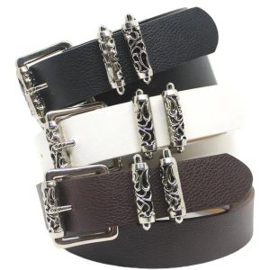 Gothic Silver Buckle White Belt for Y2K Aesthetic and Grunge Style Outfits