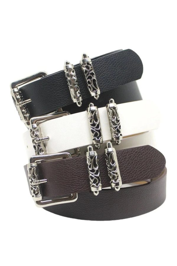 Gothic Silver Buckle White Belt for Y2K Aesthetic and Grunge Style Outfits