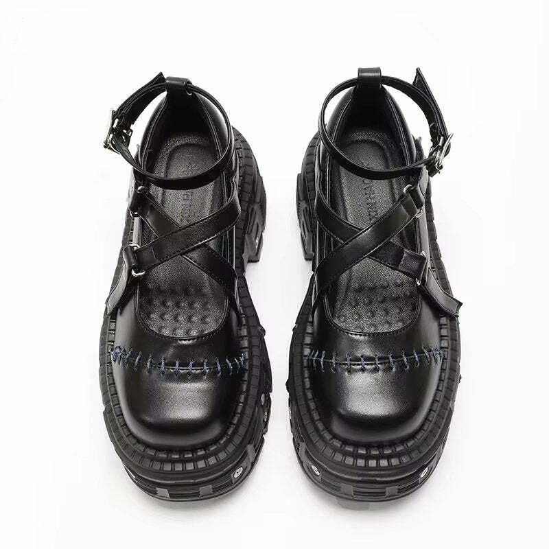 Gothic Stitched Punk Shoes for Y2K Aesthetic and Grunge Style Lovers