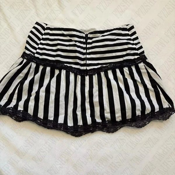 Gothic Striped Lace Mini Skirt for Y2K Aesthetic & Grunge Style Outfits