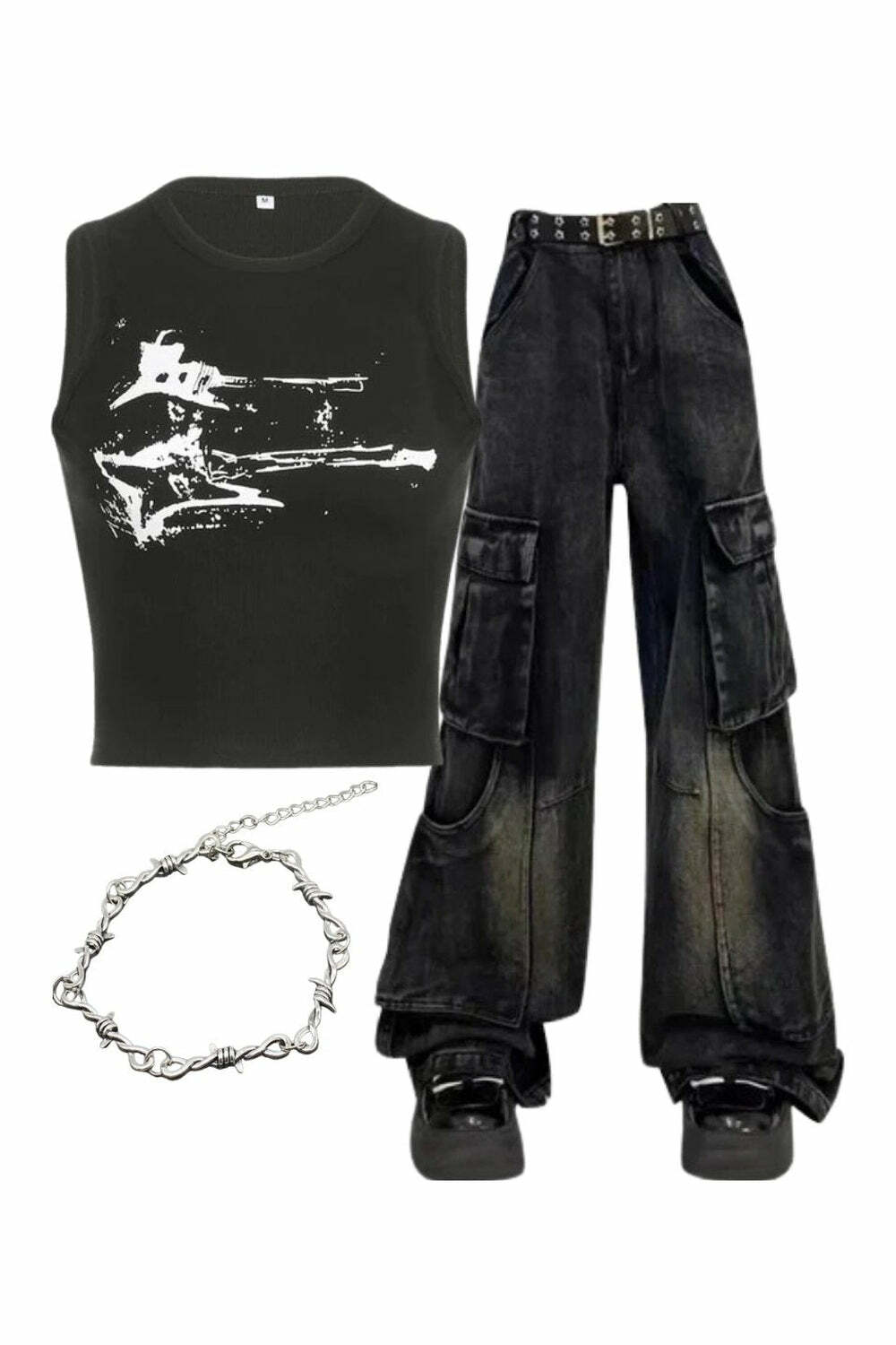 Gothic Y2K Outfit: Distressed Graphic Ribbed Top & Cargo Flare Jeans Set