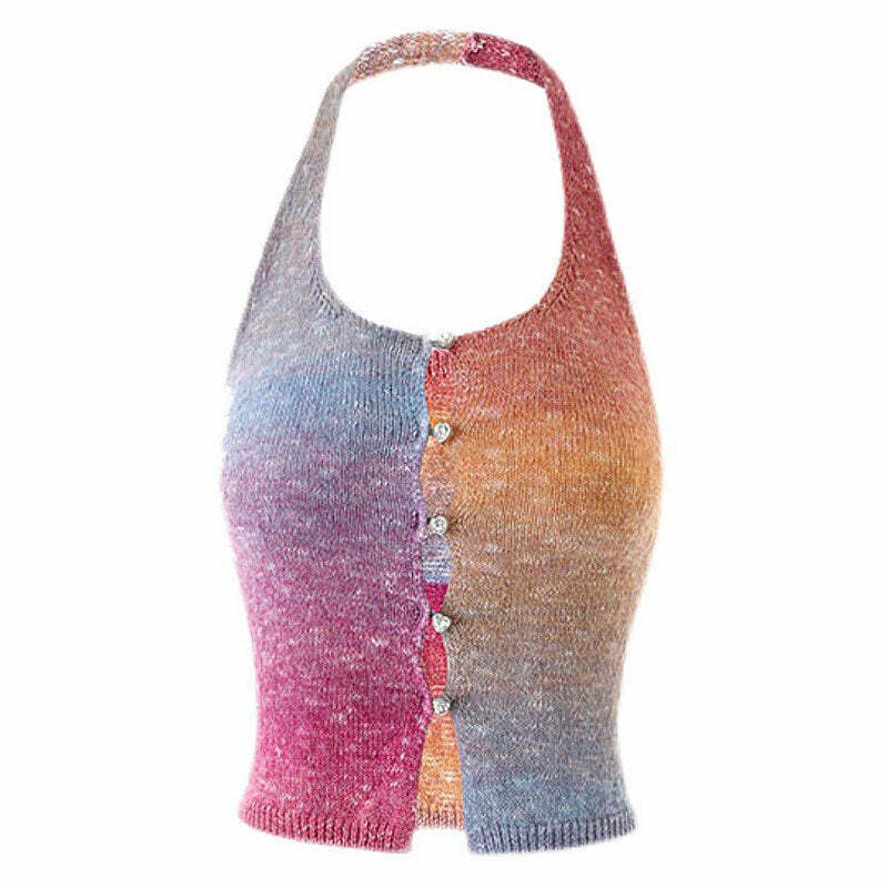 Gradient Rainbow Knit Halter Top - Y2K Aesthetic Cute Summer Top