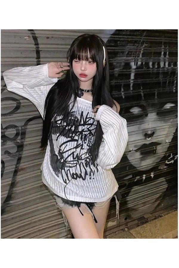 Graffiti Nights Off-Shoulder Sweater - Y2K Aesthetic Comfy Top