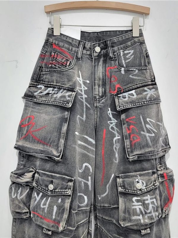 Graffiti Riot Y2K Cargo Jeans for Grunge Aesthetic Outfits