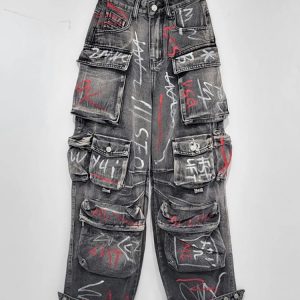 Graffiti Riot Y2K Cargo Jeans for Grunge Aesthetic Outfits