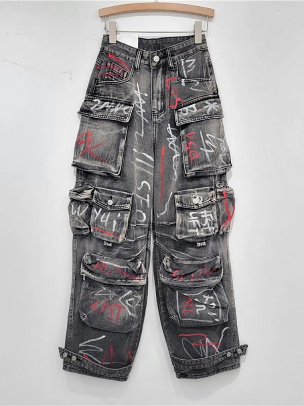 Graffiti Riot Y2K Cargo Jeans for Grunge Aesthetic Outfits