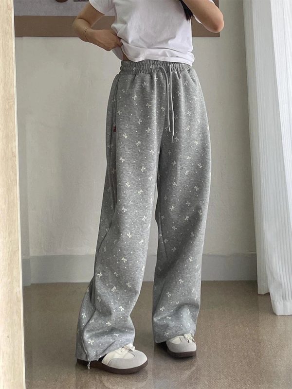 Gray Bow Cozy Lounge Pants - Y2K Aesthetic Comfy Fashion Essential