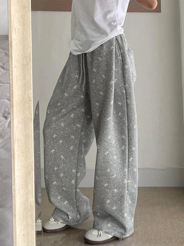 Gray Bow Cozy Lounge Pants - Y2K Aesthetic Comfy Fashion Essential