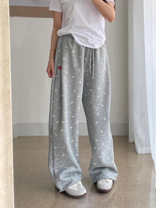 Gray Bow Cozy Lounge Pants - Y2K Aesthetic Comfy Fashion Essential