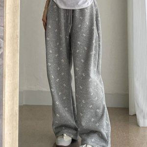 Gray Bow Cozy Lounge Pants - Y2K Aesthetic Comfy Fashion Essential