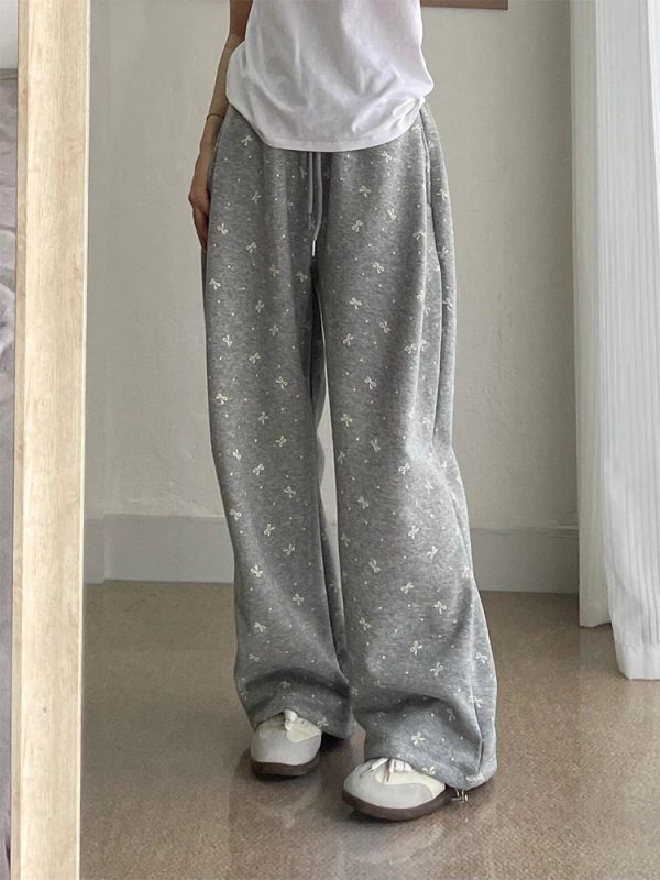 Gray Bow Cozy Lounge Pants - Y2K Aesthetic Comfy Fashion Essential