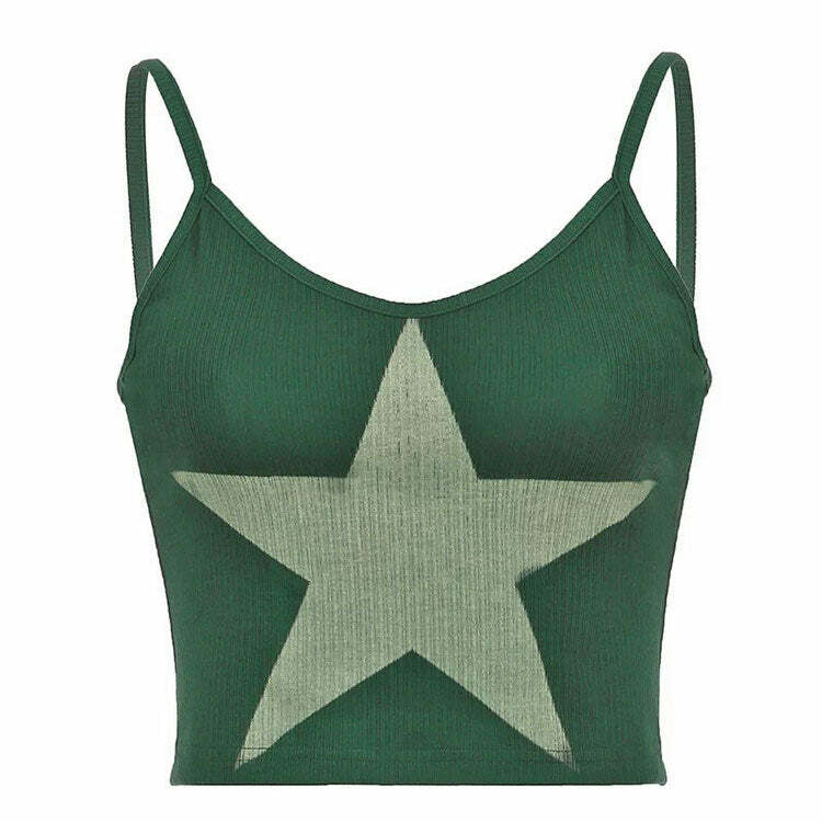 Green Star Ribbed Tank Top - Y2K Aesthetic Cute Top for Stylish Outfits