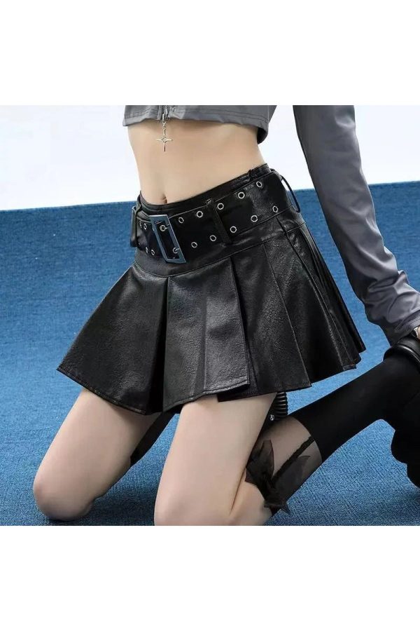 Grommet Belted Leather Mini Skirt for Y2K and Grunge Aesthetic Styles