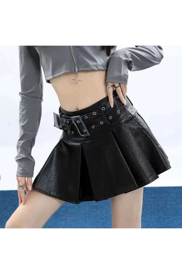 Grommet Belted Leather Mini Skirt for Y2K and Grunge Aesthetic Styles