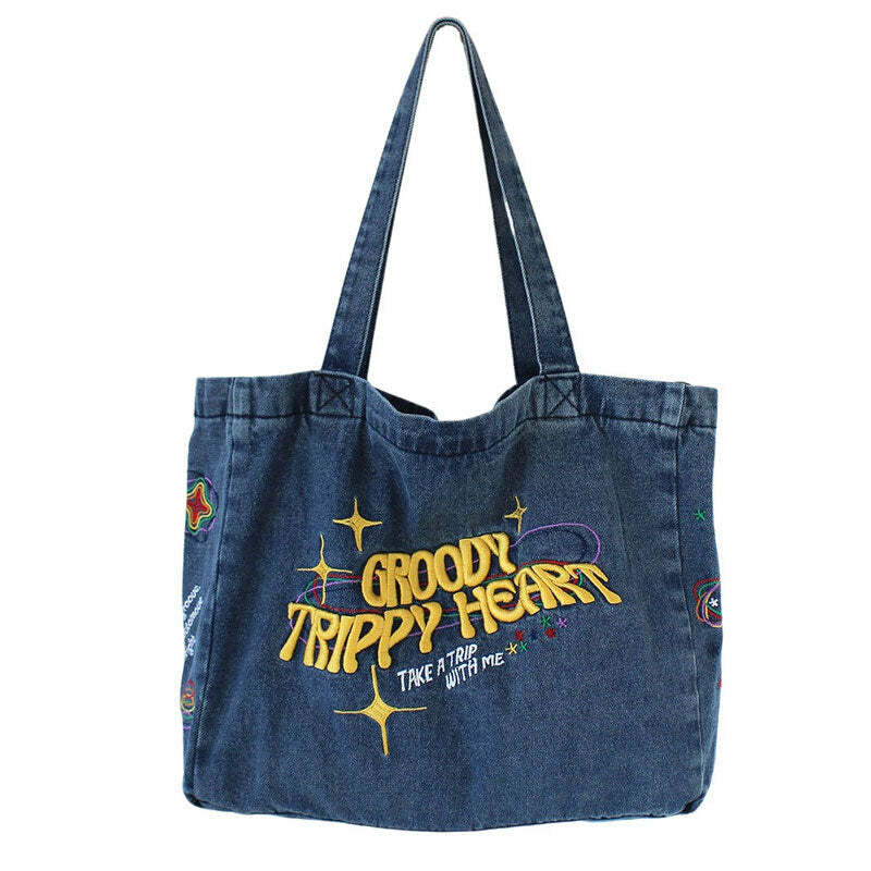 Groovy Trippy Heart Blue Denim Bag - Y2K Aesthetic Must-Have Accessory