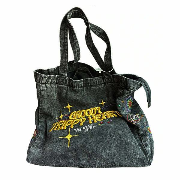 Groovy Trippy Heart Denim Bag - Y2K Aesthetic for Cute Outfits