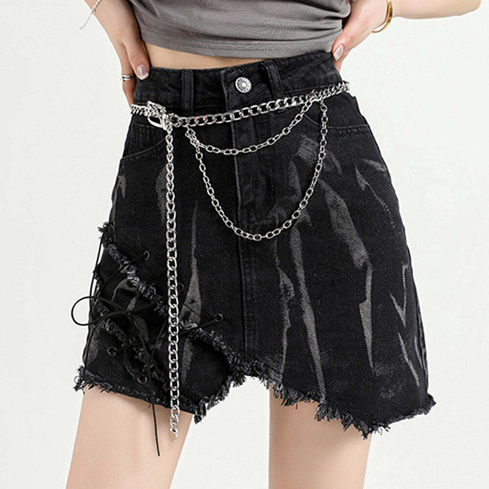 Grunge Aesthetic Black Denim Cargo Skirt for Y2K Style Outfits