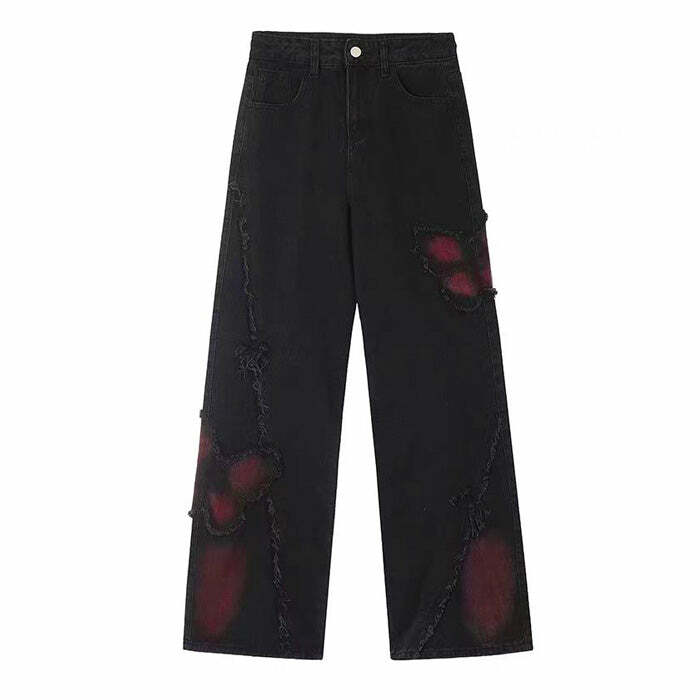 Grunge Aesthetic Black & Red Butterfly Jeans for Y2K Style Lovers