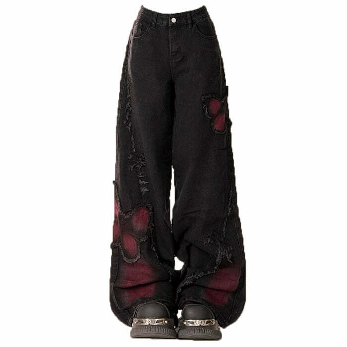 Grunge Aesthetic Black & Red Butterfly Jeans for Y2K Style Lovers