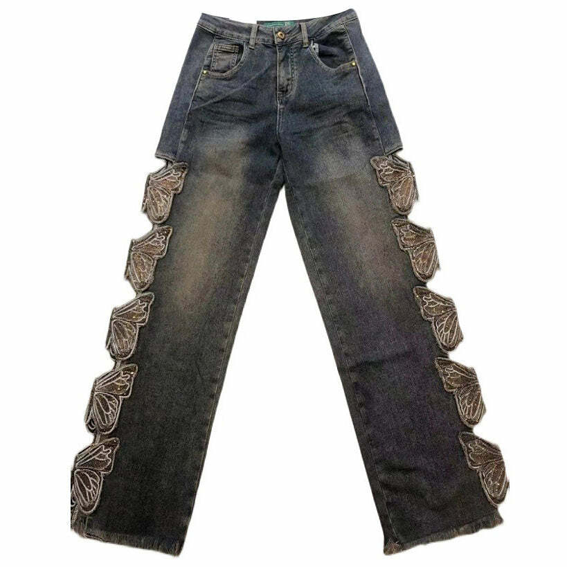 Grunge Aesthetic Butterfly Cut-Out Jeans for Y2K Style Lovers