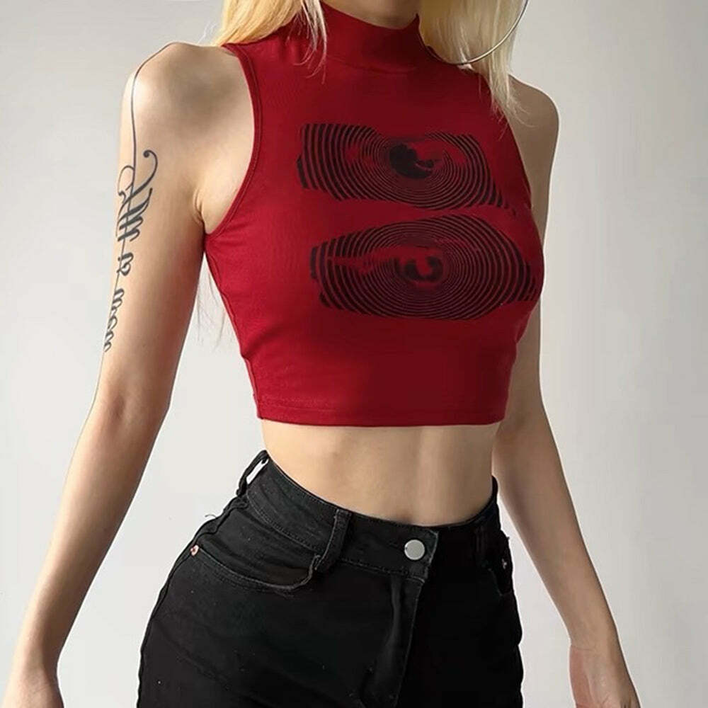 Grunge Aesthetic Eyes Print Crop Top for Y2K Style Outfits