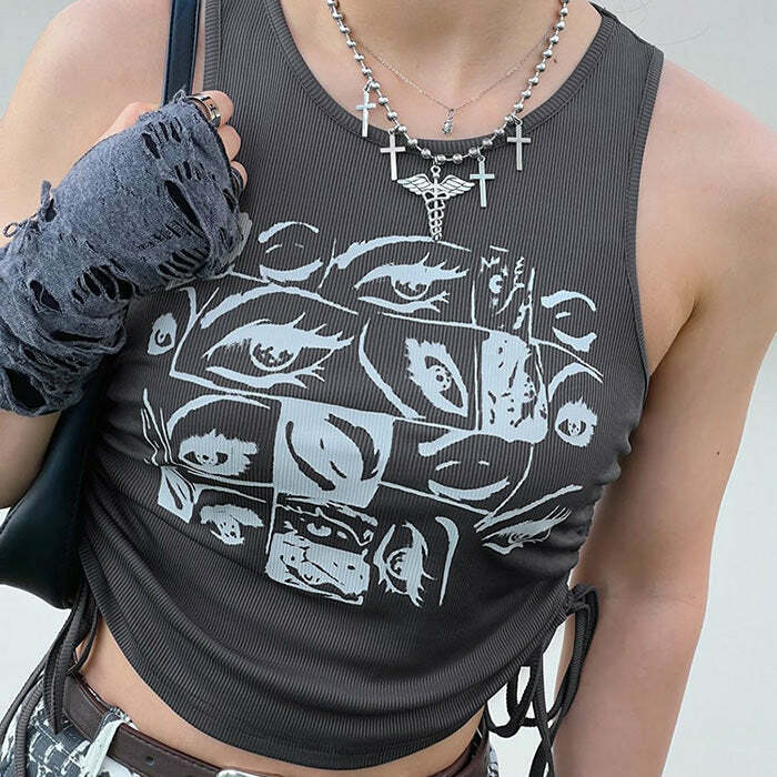 Grunge Aesthetic Eyes Print Top - Y2K Style Cute Hoodie for Trendsetters